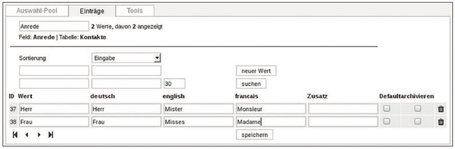 Das Pflegen der mehrsprachigen Drop-down-Felder